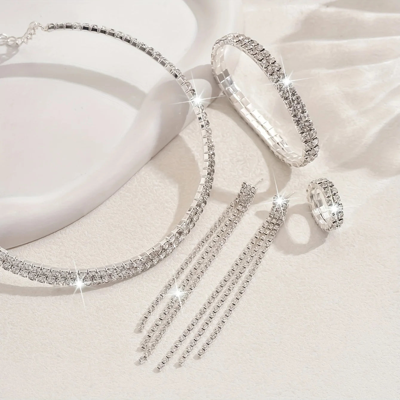 5pcs Luxurious Rhinestone Jewelry Set for Women,Choker, Earrings, Stretch Bracelet & Ring for Weddings, Banquets & Parties    Home Decor Supply | Online Retail | ShoreShopper.com
