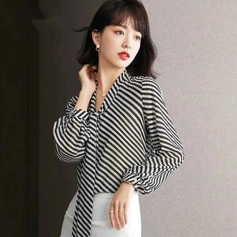Striped Women's Shirt And Blouse Casual Youth Clothing Trend 2025 Novelty Streetwear Vintage Modern Long New V Neck Female Tops