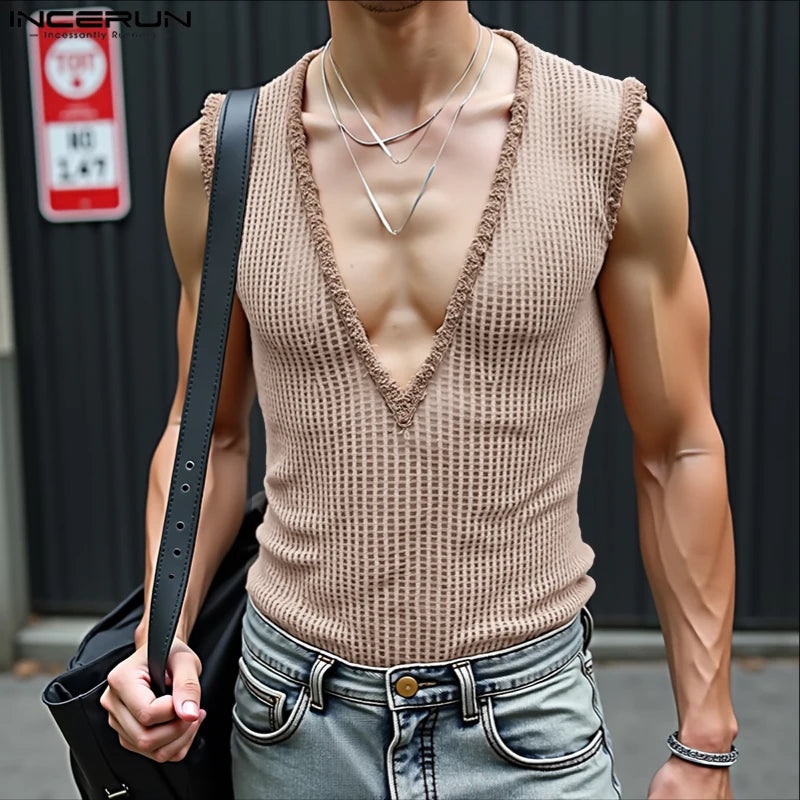 INCERUN Men Tank Tops Hollow Out Mesh See Through Sexy Tassel Male Vests Summer 2025 Solid Color Fashion Streetwear Men Clothing - ShoreCo.Shop