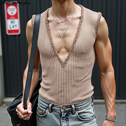 INCERUN Men Tank Tops Hollow Out Mesh See Through Sexy Tassel Male Vests Summer 2025 Solid Color Fashion Streetwear Men Clothing - ShoreCo.Shop