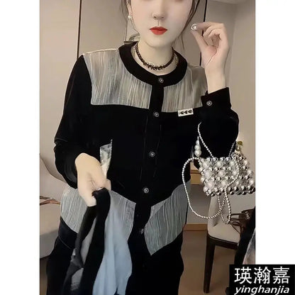 Fashionable Women's Shirt 2025 Autumn New Round Neck Single-breasted Cardigan Spliced   sequin Velvet Shirt    Your Coastal Marketplace | Shoreshopper.com