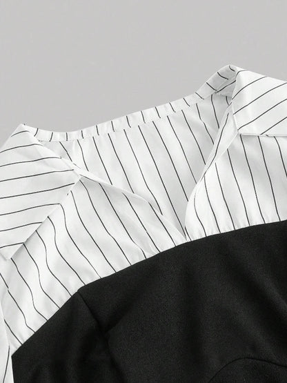 Women Elegant Striped Shirt Business Casual Office Blouse with Lapel Spliced Design Fashion Slim Fit Work Shirt    Your Coastal Marketplace | Shoreshopper.com