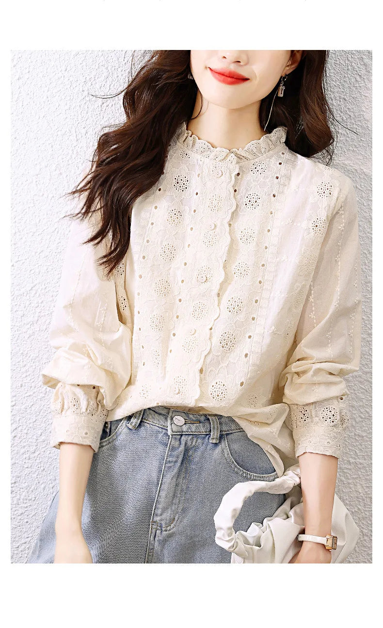 Women'S Shirt Spring Hollow Lace Ruffles O Neck Elegant Apricot Tops Long Sleeve Embroidered Cotton Shirt Vitnage Office Lady    Your Coastal Marketplace | Shoreshopper.com