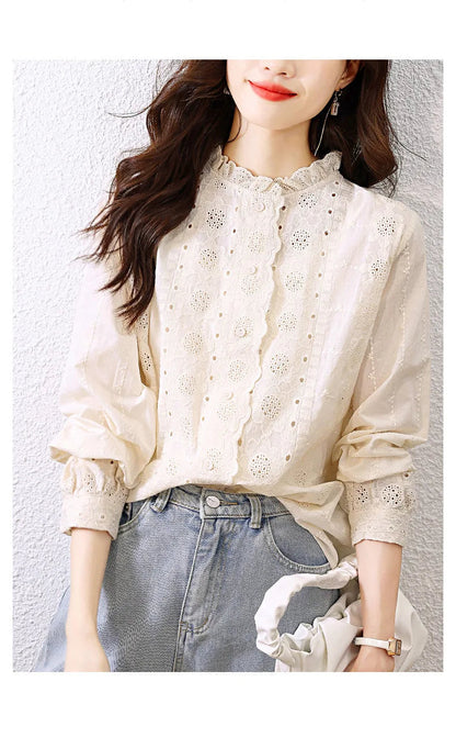 Women'S Shirt Spring Hollow Lace Ruffles O Neck Elegant Apricot Tops Long Sleeve Embroidered Cotton Shirt Vitnage Office Lady    Your Coastal Marketplace | Shoreshopper.com