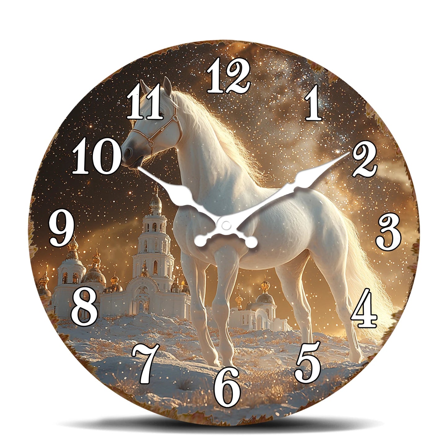 White Horse in Snowy Landscape Round Wall Clock, Ethereal Equine Art Decorative Clock, Dreamy Winter Scene Timepiece for Wall Ar    Home Decor Supply | Online Retail | ShoreShopper.com
