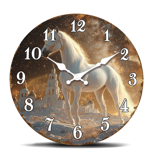 White Horse in Snowy Landscape Round Wall Clock, Ethereal Equine Art Decorative Clock, Dreamy Winter Scene Timepiece for Wall Ar    Home Decor Supply | Online Retail | ShoreShopper.com