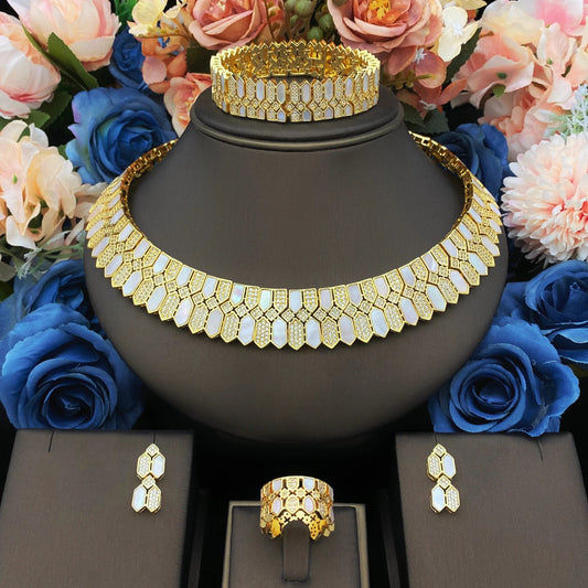 HOT  Jewelry Sets For Woman Wedding Parties Jewellery Necklace Earrings Rings Bracelets For Gift Plating18k With CZ White shell    Home Decor Supply | Online Retail | ShoreShopper.com