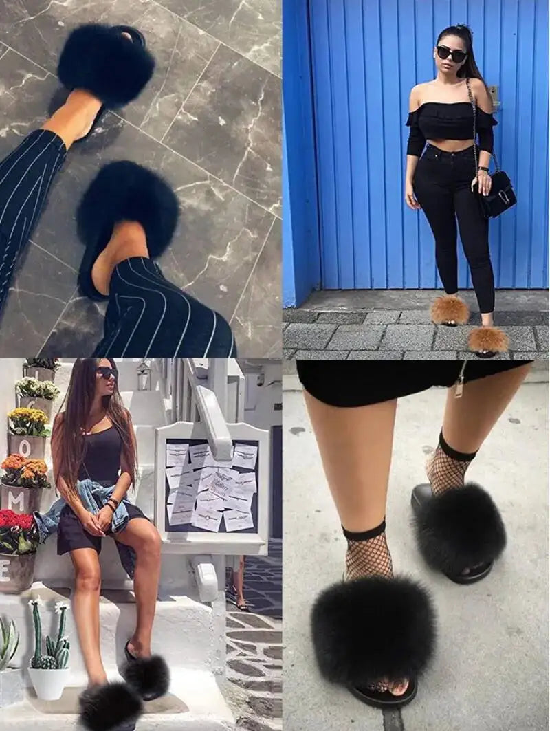 Summer Women Fur Slides Fluffy Furry Slippers Indoor Fuzzy Flip Flops Casual Outdoor Flat Ladies Fur Sandals Plush House Shoes - ShoreCo.Shop