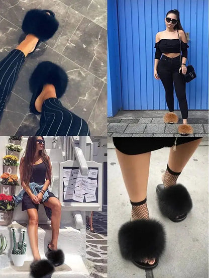 Summer Women Fur Slides Fluffy Furry Slippers Indoor Fuzzy Flip Flops Casual Outdoor Flat Ladies Fur Sandals Plush House Shoes - ShoreCo.Shop
