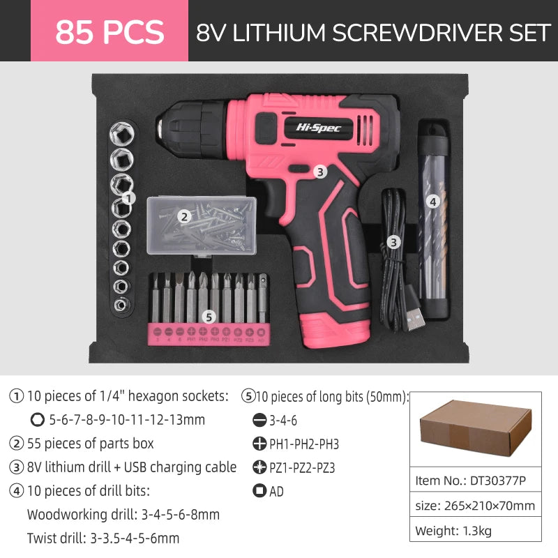 Hi-Spec 92-Piece Pink Home Tool Box Set, Multi-Function Hand Repair Kit with Hammer Cordless Power Drill Combo for Household DIY - ShoreCo.Shop