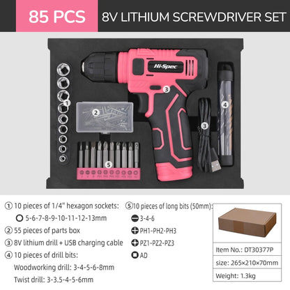 Hi-Spec 92-Piece Pink Home Tool Box Set, Multi-Function Hand Repair Kit with Hammer Cordless Power Drill Combo for Household DIY - ShoreCo.Shop