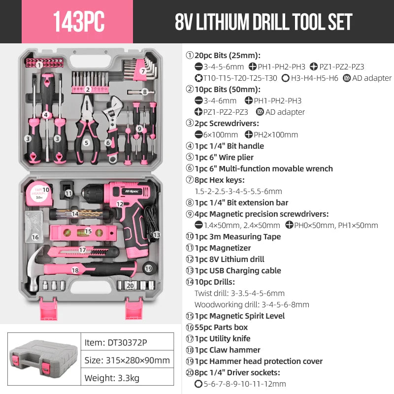 Hi-Spec 92-Piece Pink Home Tool Box Set, Multi-Function Hand Repair Kit with Hammer Cordless Power Drill Combo for Household DIY - ShoreCo.Shop