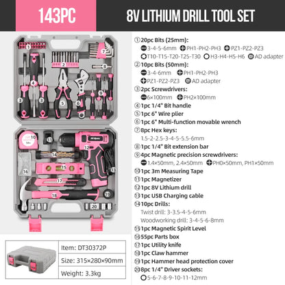 Hi-Spec 92-Piece Pink Home Tool Box Set, Multi-Function Hand Repair Kit with Hammer Cordless Power Drill Combo for Household DIY - ShoreCo.Shop