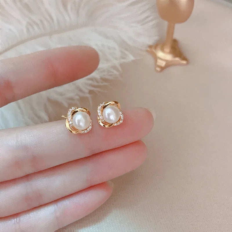 Upscale 14k Gold Jewelry Real Gold  Earrings Zircon Pearl Twist Luxury Stud Earrings for Women Brincos Pendientes Bijoux    Home Decor Supply | Online Retail | ShoreShopper.com