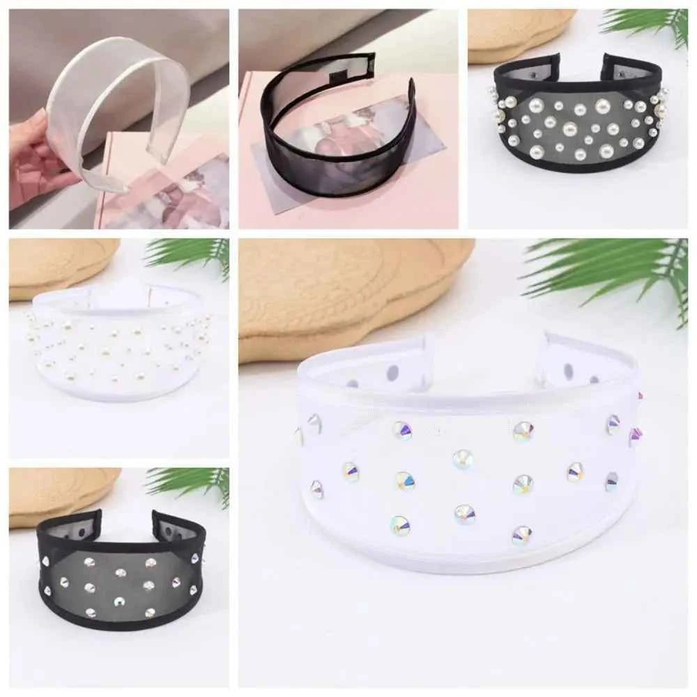 Headwear Mesh Pearls Headband Creative Beads Rhinestone Wide Hair Hoop Solid Color Waterproof Black White Hairband Wash Face