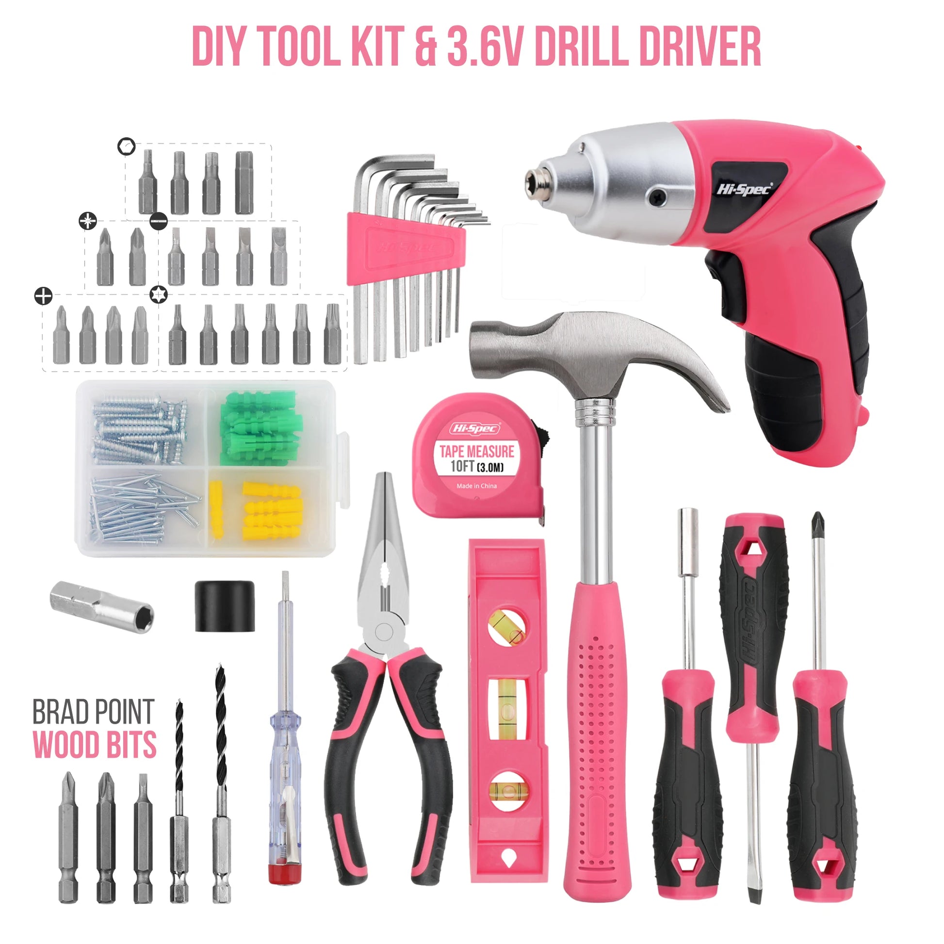 Hi-Spec 92-Piece Pink Home Tool Box Set, Multi-Function Hand Repair Kit with Hammer Cordless Power Drill Combo for Household DIY - ShoreCo.Shop