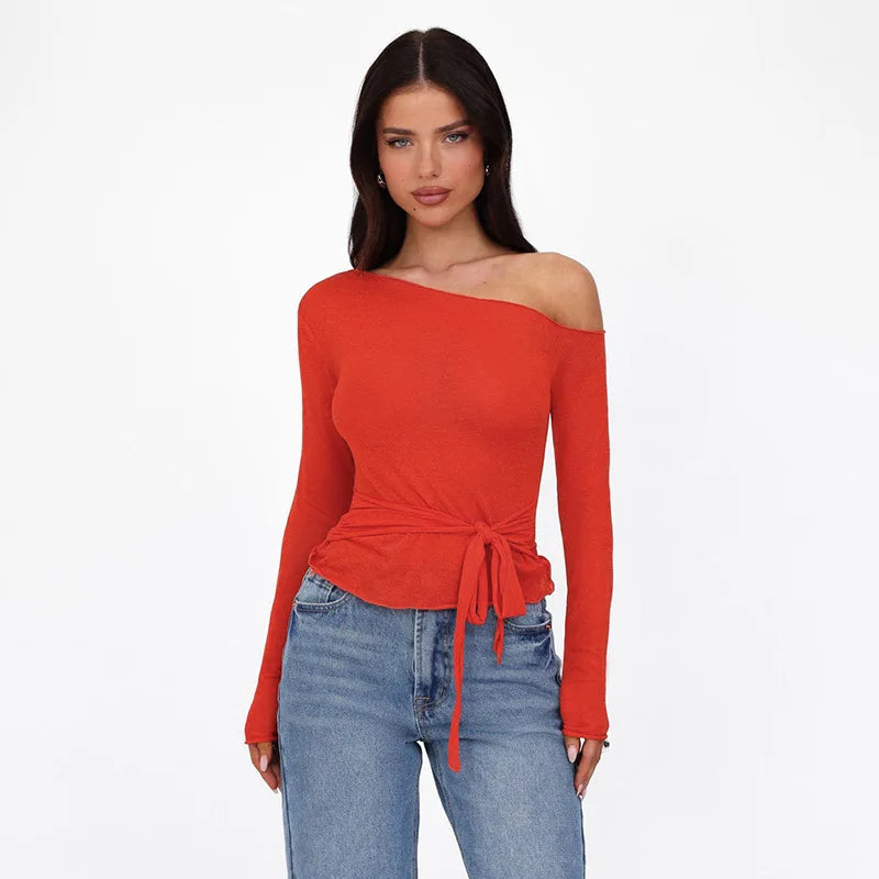 One Shoulder T Shirts For Women Aesthetic Clothes Sashes Crop Top Y2k Accessories Long Sleeve Lady Tshirt Ropa Mujer Camisetas    Your Coastal Marketplace | Shoreshopper.com