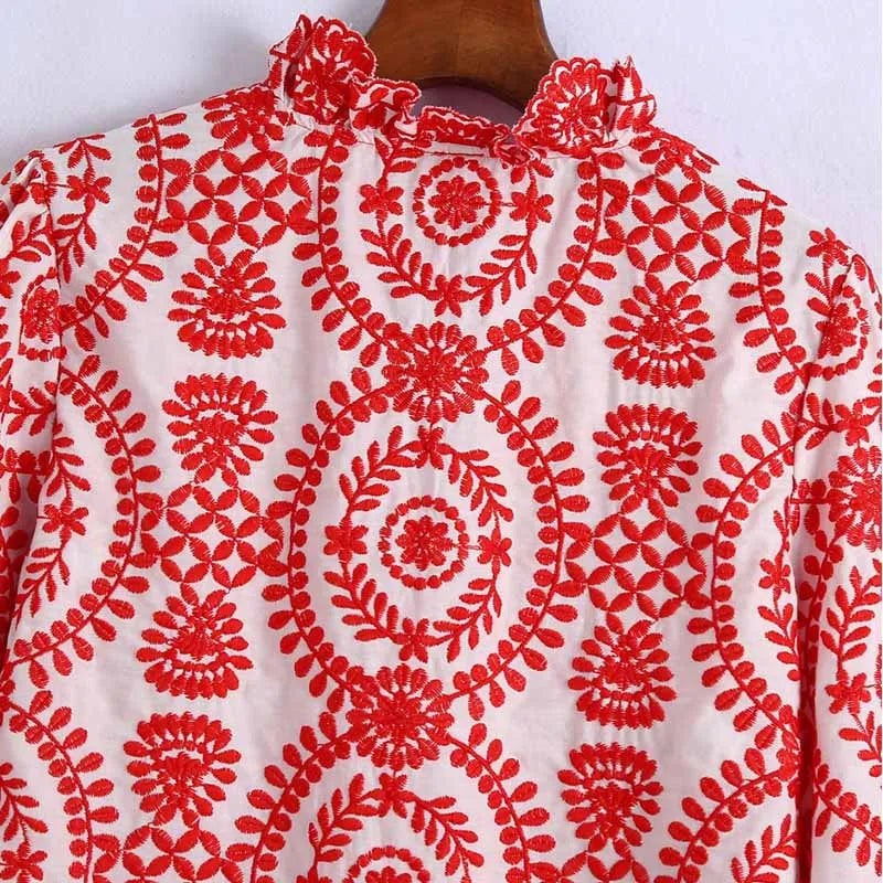 Women Red Floral Embroidered Shirt V Neck Long Sleeve Blouse Down Bohemian T-Shirt Casual Vacation Style Summer Clothing    Your Coastal Marketplace | Shoreshopper.com