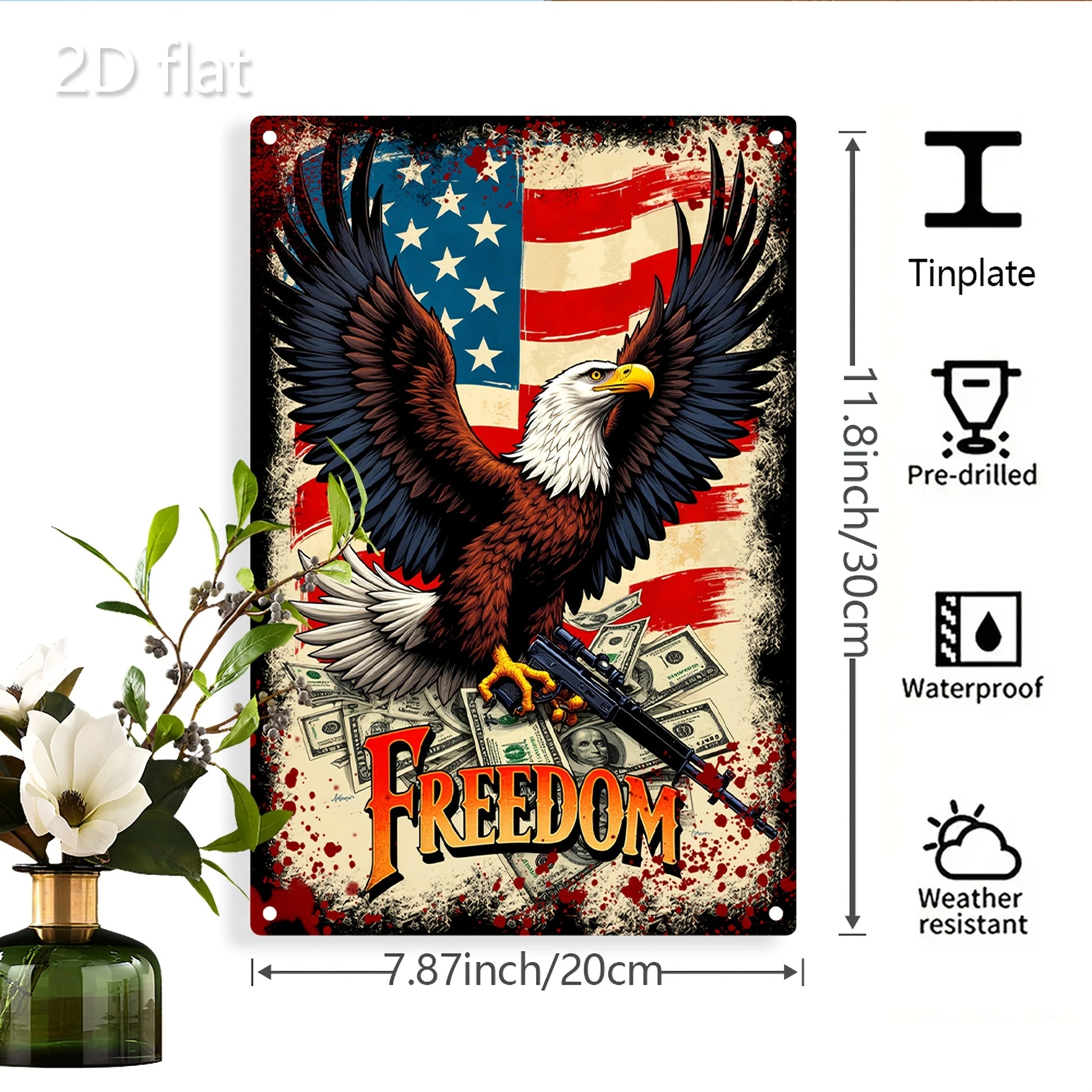 Patriotic Eagle with Guns Metal Wall Art - 8x12 Inch American Flag Design, Durable Iron Sign for Home & Outdoor Decor    Home Decor Supply | Online Retail | ShoreShopper.com