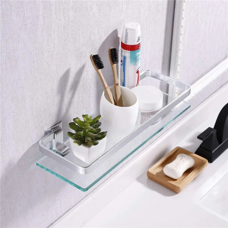 Tempered Glass Bathroom Shelf Aluminum Storage Rack Rectangular 30 40 50cm 1 Tier Silver Sand Sprayed Wall Mounted    Home Decor Supply | Online Retail | ShoreShopper.com