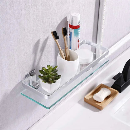 Tempered Glass Bathroom Shelf Aluminum Storage Rack Rectangular 30 40 50cm 1 Tier Silver Sand Sprayed Wall Mounted    Home Decor Supply | Online Retail | ShoreShopper.com