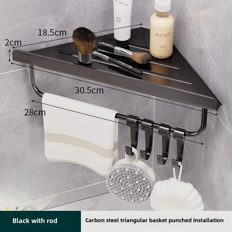 Bathroom Triangle Drain Shelf No Drilling Wall Mounted Cosmetic and Toiletries Hollow Carbon Steel Shelf with Hooks    Home Decor Supply | Online Retail | ShoreShopper.com