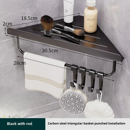 Bathroom Triangle Drain Shelf No Drilling Wall Mounted Cosmetic and Toiletries Hollow Carbon Steel Shelf with Hooks    Home Decor Supply | Online Retail | ShoreShopper.com
