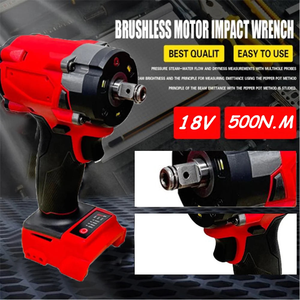 Brushless Impac Wrench 500N.m Electric Driver 1/2" Repair Cordless Screwdriver 4 Gears Power Tools for Milwaukee 18V Battery - ShoreCo.Shop