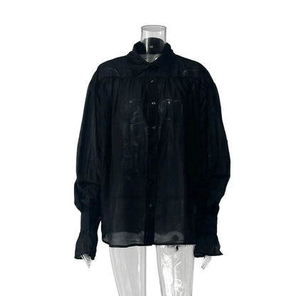 Women's Shirt Long Sleeve Turn-down Collar Sexy See-through Loose Button Women Shirts Beach Style Simple Solid Color Casual Tops    Your Coastal Marketplace | Shoreshopper.com
