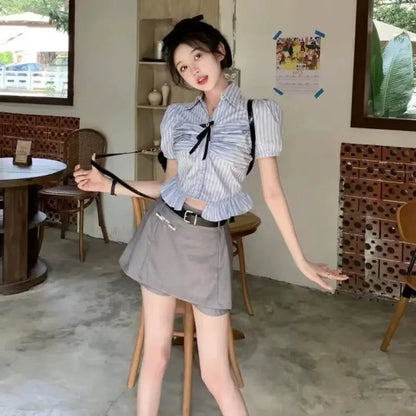 Bow-rinked Striped Shirt for Women Summer French Sweet and Spicy Puff Sleeve Shirt Short Short Sleeve Top    Home Decor Supply | Online Retail | ShoreShopper.com