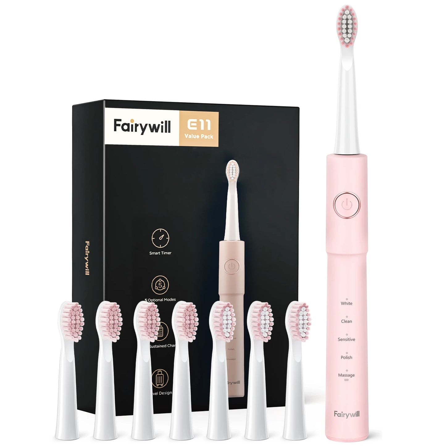 Fairywill Sonic Electric Toothbrush E11 Waterproof USB Charge Rechargeable Electric Toothbrush 8 Brush Replacement Heads Adult - ShoreCo.Shop