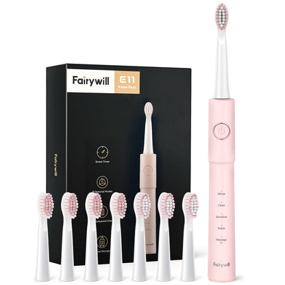 Fairywill Sonic Electric Toothbrush E11 Waterproof USB Charge Rechargeable Electric Toothbrush 8 Brush Replacement Heads Adult - ShoreCo.Shop