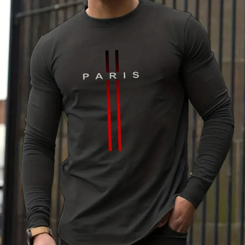 Men's Spring and Autumn 100% Cotton Loose and Comfortable Casual Paris Pattern Printed Round Neck Long Sleeve T-shirt    Home Decor Supply | Online Retail | ShoreShopper.com