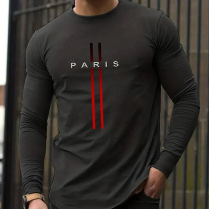 Men's Spring and Autumn 100% Cotton Loose and Comfortable Casual Paris Pattern Printed Round Neck Long Sleeve T-shirt    Home Decor Supply | Online Retail | ShoreShopper.com