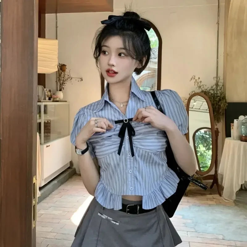 Bow-rinked Striped Shirt for Women Summer French Sweet and Spicy Puff Sleeve Shirt Short Short Sleeve Top    Home Decor Supply | Online Retail | ShoreShopper.com