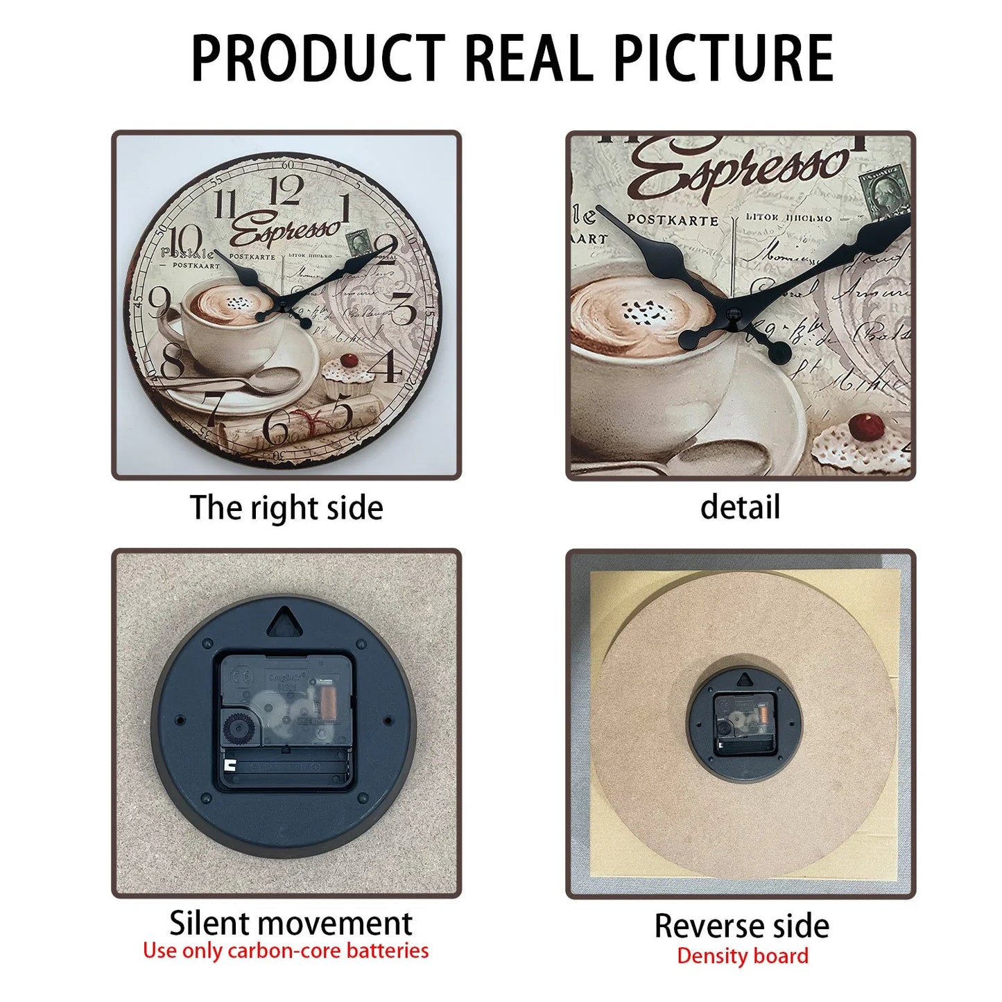 European Retro Coffee Cup Pattern Wooden Wall Clock for Living Room, Bedroom, Kitchen, Home Decoration, Silent Quartz Clock, Holiday Gift, 10 Inches, 12 Inches (No Battery)    Home Decor Supply | Online Retail | ShoreShopper.com