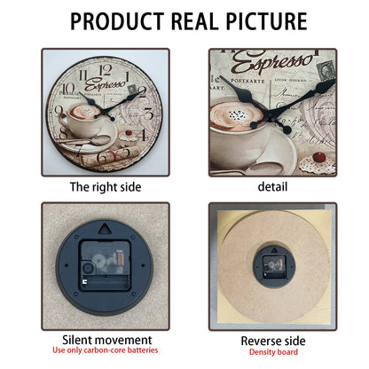 European Retro Coffee Cup Pattern Wooden Wall Clock for Living Room, Bedroom, Kitchen, Home Decoration, Silent Quartz Clock, Holiday Gift, 10 Inches, 12 Inches (No Battery)    Home Decor Supply | Online Retail | ShoreShopper.com