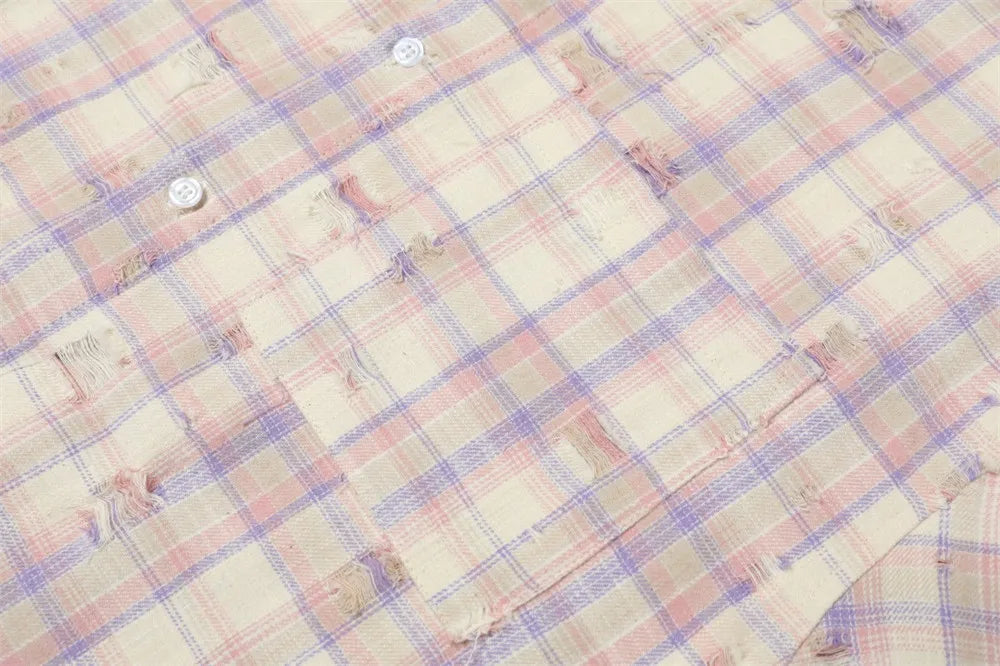 Ripped Plaid Long Sleeve Shirts Mens Pocket Autumn High Street Loose Lapel Single Breasted Checked Shirt Men    Home Decor Supply | Online Retail | ShoreShopper.com