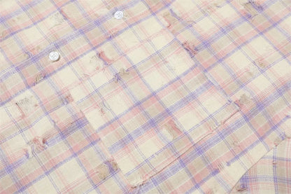 Ripped Plaid Long Sleeve Shirts Mens Pocket Autumn High Street Loose Lapel Single Breasted Checked Shirt Men    Home Decor Supply | Online Retail | ShoreShopper.com