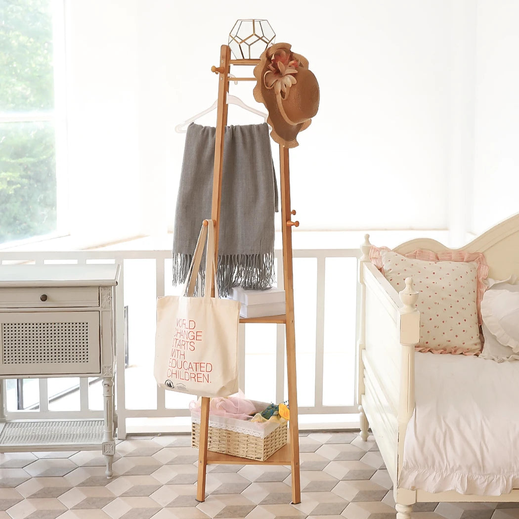 Bamboo Coat Rack Free Standing 2-Shelves Clothing Storage Garment Organizer Stand with 8 Hooks Clothes Poles 55kg Load-bearing f    Home Decor Supply | Online Retail | ShoreShopper.com