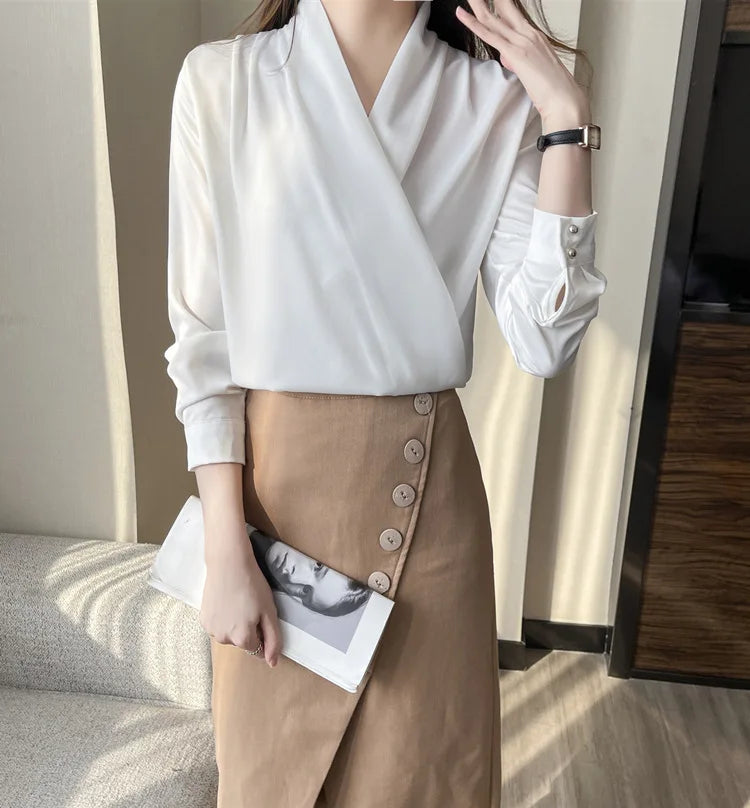 Women's Shirt, New 2026 Spring & Autumn Style, Cross V-Neck Long Sleeve Versatile Top    Your Coastal Marketplace | Shoreshopper.com