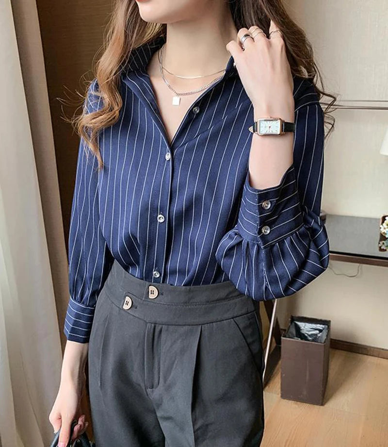 Striped Shirt Women Summer Vintage Chic Loose Long Sleeve Top Y2K Office Ladies Fashion Casual Turn Down Collar All Match Blouse    Your Coastal Marketplace | Shoreshopper.com