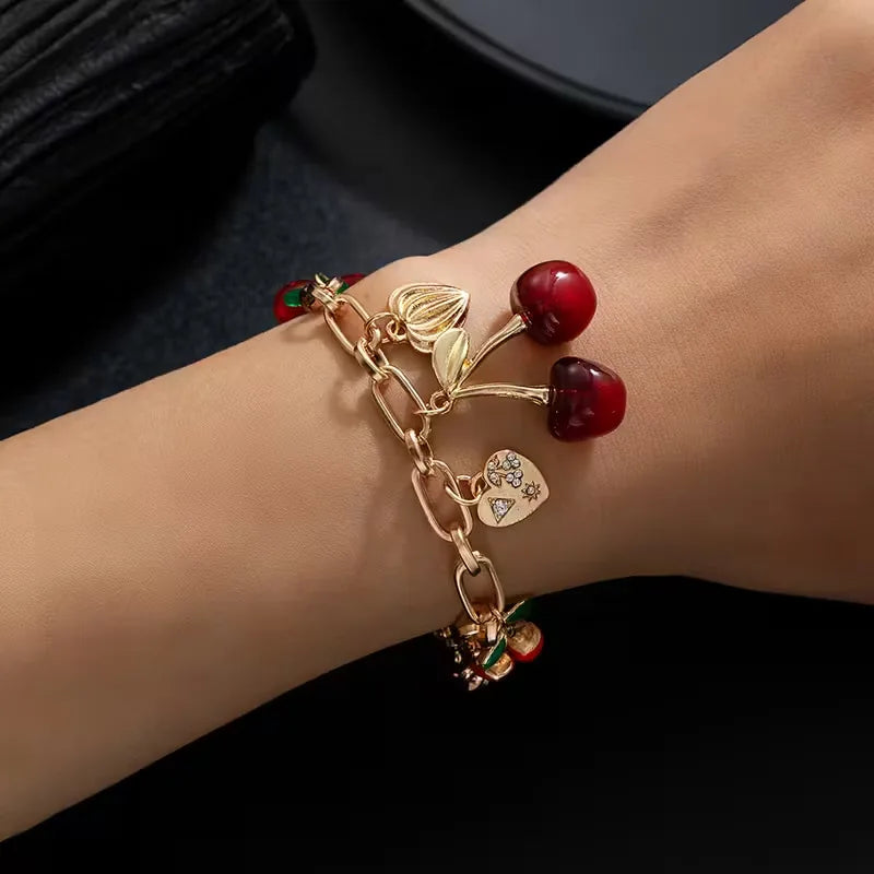 Cherry Jewelry (Ring/Bracelet Optional) - Gold Tone Crystal Charm Adjustable Cute Y2K Jewelry Accessory Daily Party Holiday Gift    Home Decor Supply | Online Retail | ShoreShopper.com