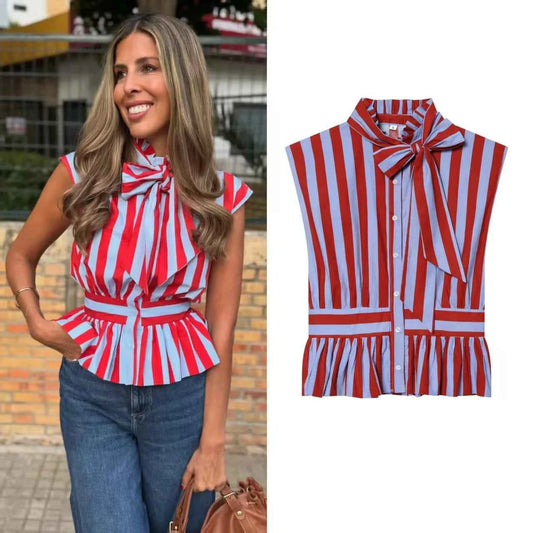 Women's Shirt 2026 Summer New Style Striped Sleeveless Waist-Fitted Shirt with Bow Decoration Romantic Style Personality Fashion