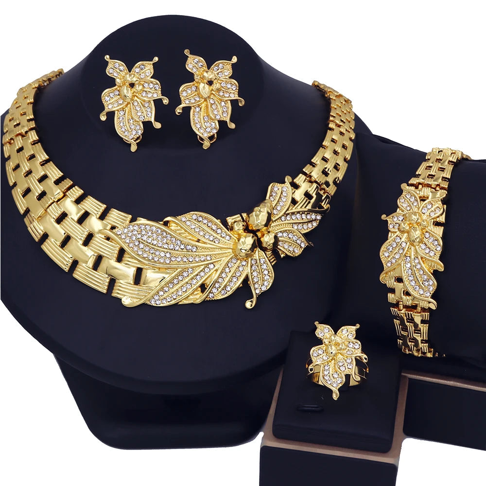 YTJX Wedding Jewelry Set Africal Big Flower Choker Necklace Fine Zircon Bracelet Piercing Earring Ring 18K Gold Plated Jewellery    Home Decor Supply | Online Retail | ShoreShopper.com