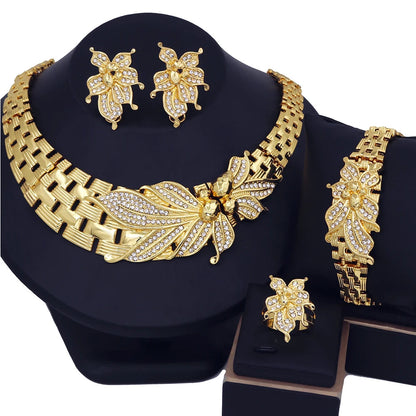YTJX Wedding Jewelry Set Africal Big Flower Choker Necklace Fine Zircon Bracelet Piercing Earring Ring 18K Gold Plated Jewellery    Home Decor Supply | Online Retail | ShoreShopper.com