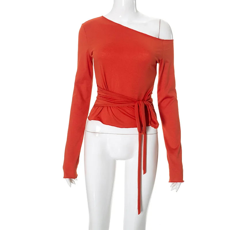 One Shoulder T Shirts For Women Aesthetic Clothes Sashes Crop Top Y2k Accessories Long Sleeve Lady Tshirt Ropa Mujer Camisetas    Your Coastal Marketplace | Shoreshopper.com