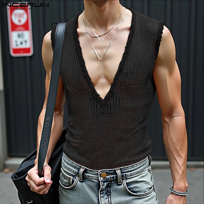 INCERUN Men Tank Tops Hollow Out Mesh See Through Sexy Tassel Male Vests Summer 2025 Solid Color Fashion Streetwear Men Clothing - ShoreCo.Shop