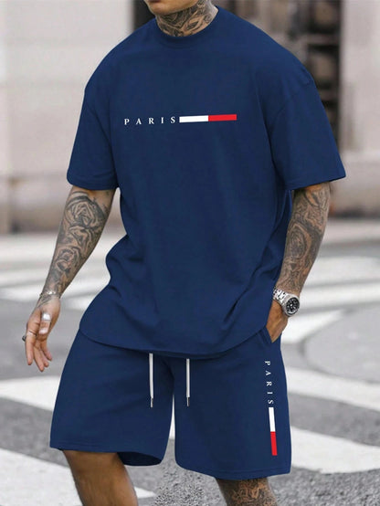 Paris Letter Print Men Spring and Summer Two Pieces Set Casual Round Neck Short Sleeve T-shirt Shorts Sport Suit Print Clothing    Home Decor Supply | Online Retail | ShoreShopper.com