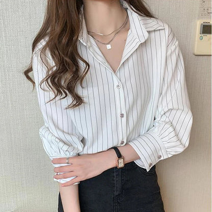 Striped Shirt Women Summer Vintage Chic Loose Long Sleeve Top Y2K Office Ladies Fashion Casual Turn Down Collar All Match Blouse    Your Coastal Marketplace | Shoreshopper.com